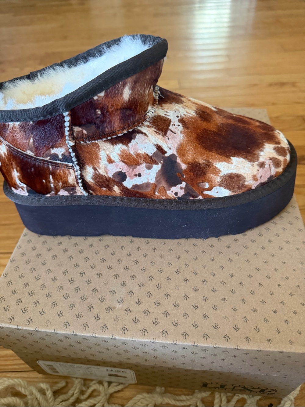 Australia Luxe Collective Brown and White Cow-Print Faux-Fur Bootie